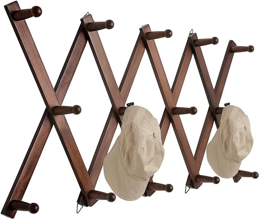 16 inch High Accordion Wall Hanger with 14 Hooks, Wooden Wall Expandable Coat Rack for Coat, Hats, Baseball Caps, Coffee Mug, Jewelry-NeatNest