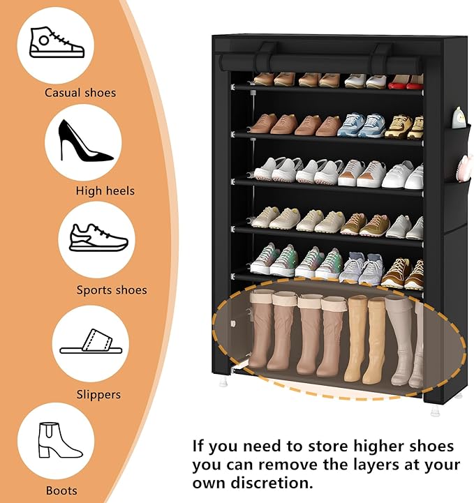 Laiensia 7-Tier Vertical Shoe Rack Organizer, Space Saving Shoe Storage Organizer, Non-Woven Cover Shoe Shelf Holds 28-35Pairs for Bedroom, Hallway, Closet Entryway, Black-NeatNest