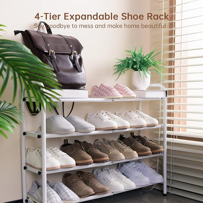 Gonfoam 4-Tier Expandable Shoe Rack,Adjustable Shoe Shelf Storage Organizer Heavy Duty Metal Free Standing Shoe Rack for Entryway Closet Doorway (White)-NeatNest