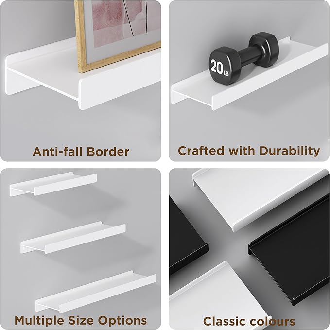 Floating Shelves for Wall, Wall Mounted Shelves with Lip for Storage, Metal Display Shelves for Home Decor, Kitchen/Living Room/Bedroom/Bathroom Shelf, White 12 inch 2 Pack-NeatNest