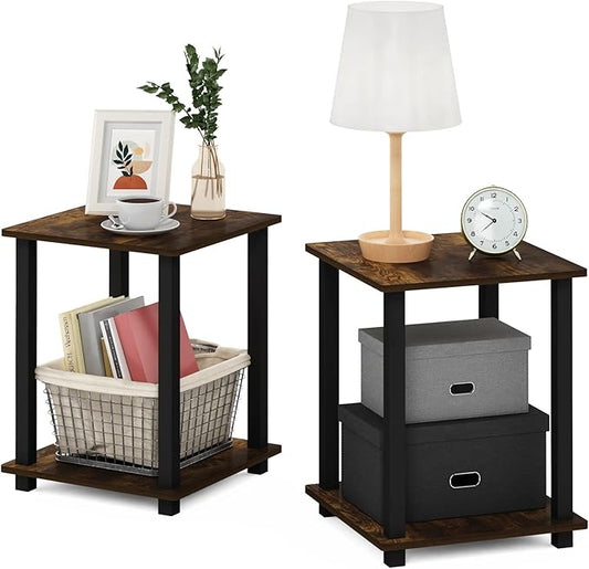 Furinno Simplistic Set of 2 End Table, 2-Pack, Amber Pine/Black-NeatNest