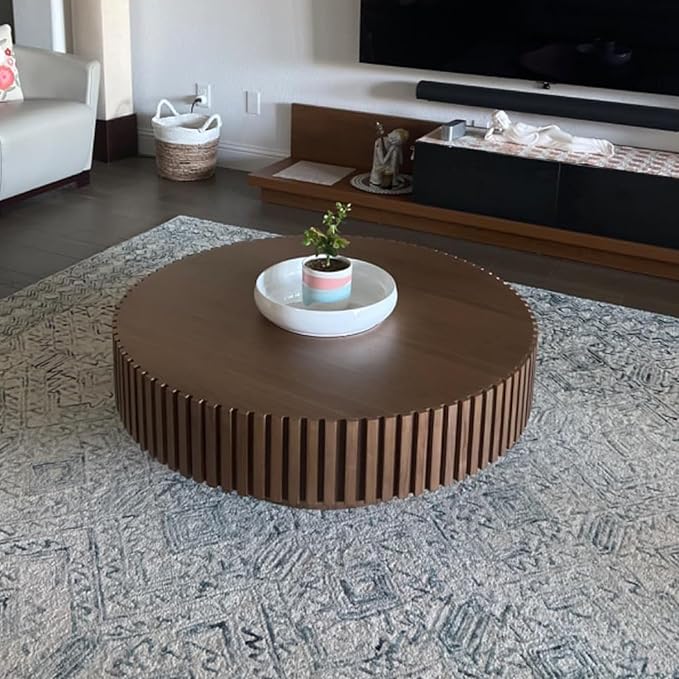 kevinplus 31.49'' Round Coffee Table Modern Wood Coffee Table for Living Room, Contemporary Circle Fluted Drum Style, Easy Assembly, Walnut (ø31.49'' x 13.77'')