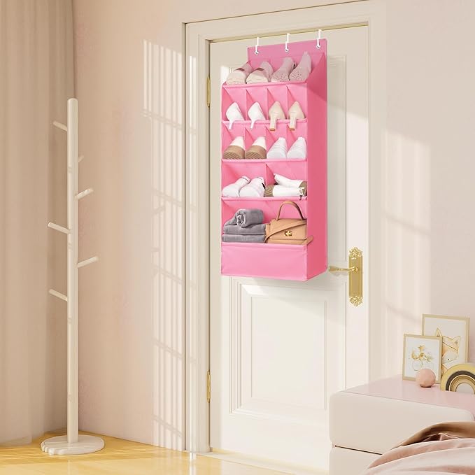 FENTEC 1 Pack Over-the-Door-Shoe-Organizers, Hanging Shoe Organizers with Large Pocket Shoe Holder Hanging Shoe Rack for Closet Shoe Organizer for Wall, Over Door Organizer with 15 Pockets Pink-NeatNest