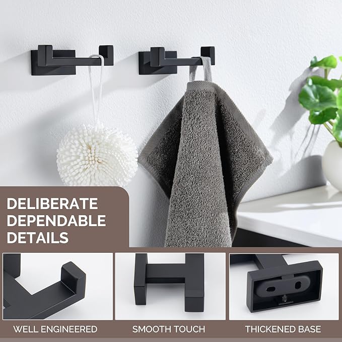 Angle Simple Bathroom Towel Hooks, Stainless Steel Shower Double Robe Coat Hooks for Wall, Matte Black, 2 Pack