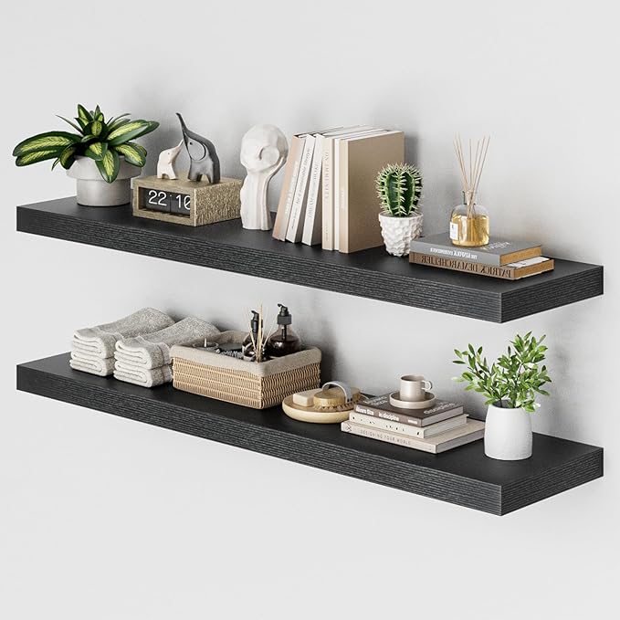 Heimlove 48W x 12D Long Floating Shelf, 12 Inch Deep Black Floating Shelves for Wall Set of 2, Wood Shelves for Bedroom Living Room Bathroom Kitchen Home Office, Wall Shelves with Heavy Duty Bracket-NeatNest