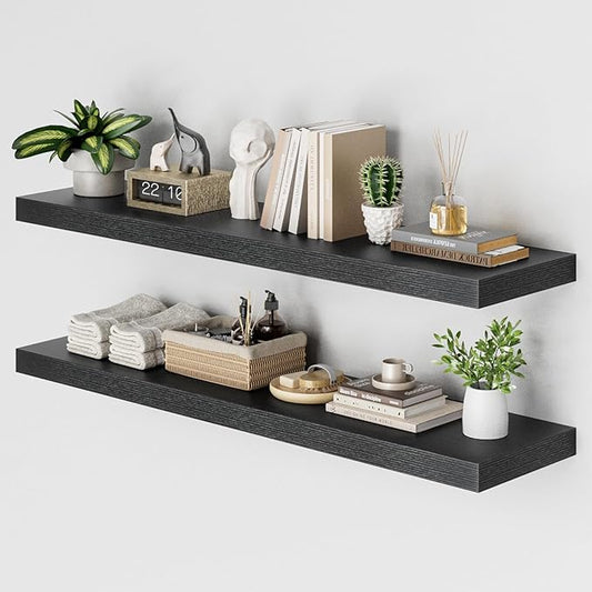 Heimlove 48W x 12D Long Floating Shelf, 12 Inch Deep Black Floating Shelves for Wall Set of 2, Wood Shelves for Bedroom Living Room Bathroom Kitchen Home Office, Wall Shelves with Heavy Duty Bracket-NeatNest