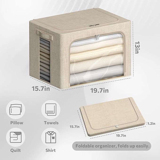4 Pack Clothes Storage Bins with Metal Frame - Linen Fabric Foldable Stackable Container Organizer Set with Clear Window & Carry Handles & Zippers (Beige, 19.7"x15.7"x13")-NeatNest