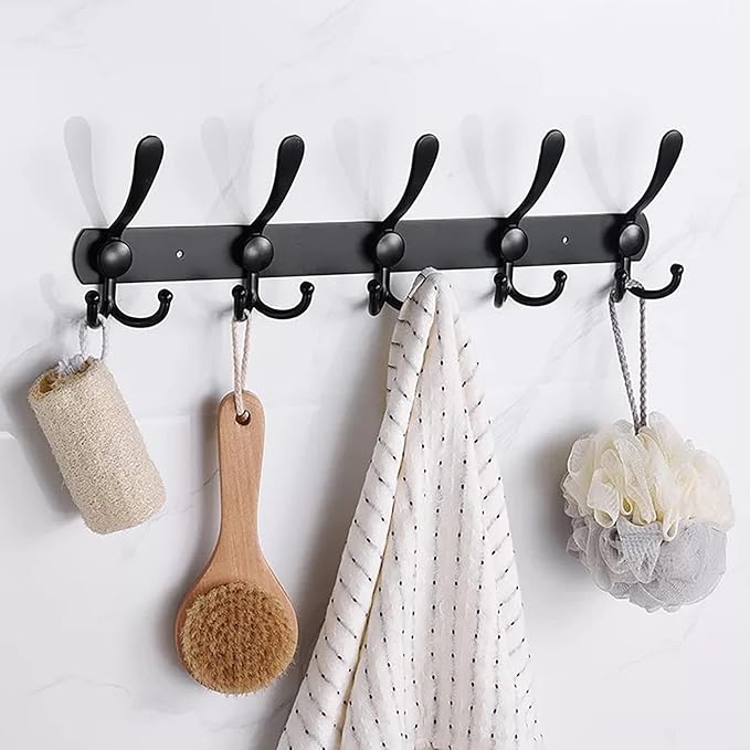 Coat Rack Wall Mounted,5 Tri Stainless Steel Coat Hook for Coat Hat Robes Towel in Mudroom Entryway (Black, 2 Pack 5 Hook)-NeatNest