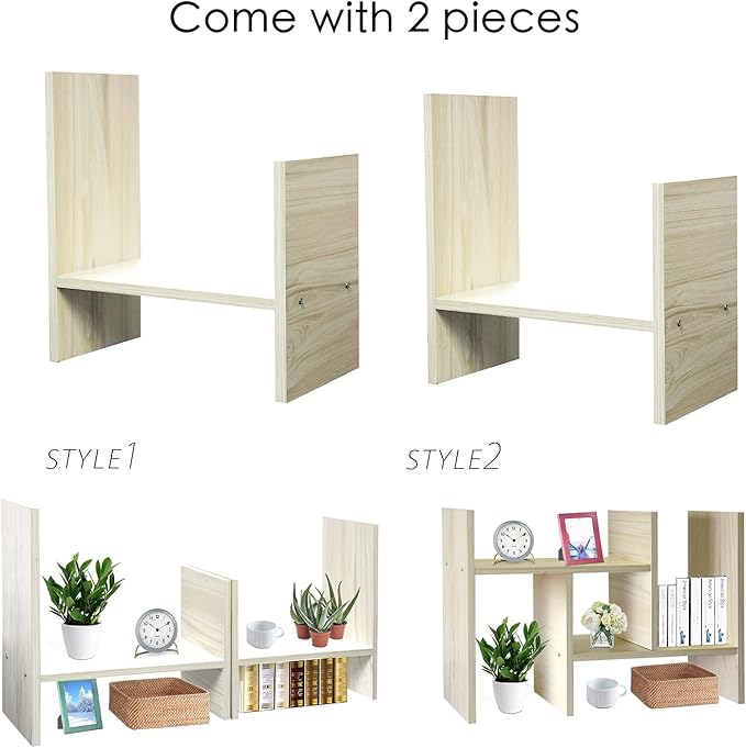J.M.Deco Desktop Organizers and Storage for Office, Adjustable Desk Organizer Shelf Double H Display, True Natural Stand Shelf, Desktop Organizer White Wood Tone-NeatNest