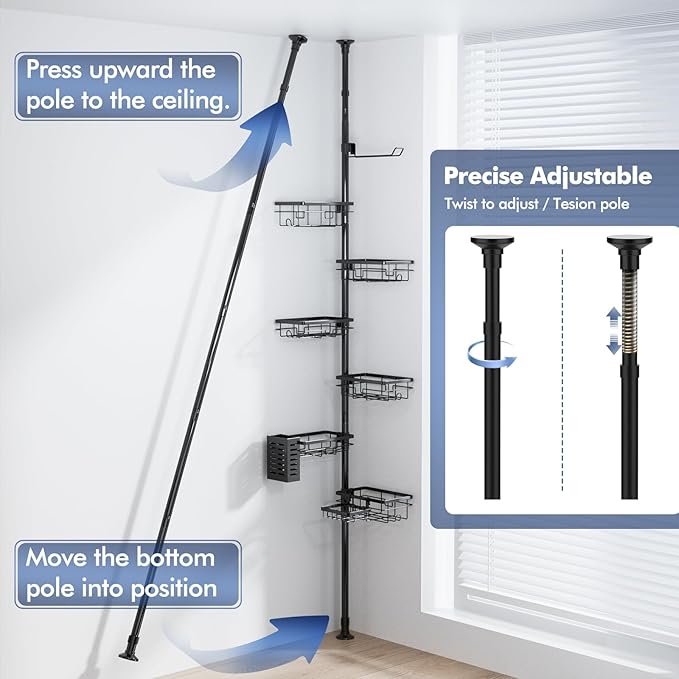 Shower Caddy Organizer Tension Pole, Rustproof 6-Pack Corner Shelf with 30-120 Inch Adjustable Shower Rack for Inside Shower, Extra Towel Bar & Soap Dish for Bathroom Organizers and Storage, Black