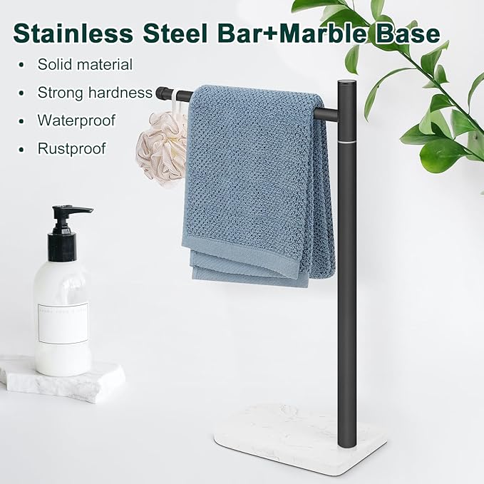 Hand Towel Holder, L-Shape Hand Towel Stand with Marble Base, Stainless Steel Swivel Hand Towel Rack Standing Towel Bar for Bathroom Kitchen Countertop, 1 Arm (Matte Black)