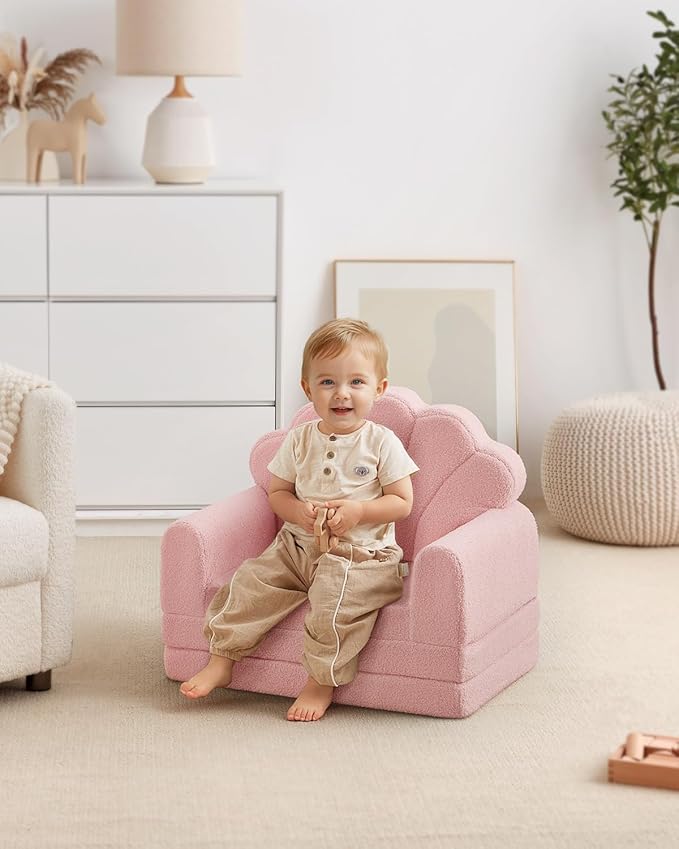 Blissful Diary Kids Couch, 2-in-1 Soft Toddler Couch Fold Out, Toddler Chair Comfy, Convertible Sofa to Lounger, Kids Furniture for Playroom, Gift for Birthday, Children's Day, Pink Shell-NeatNest