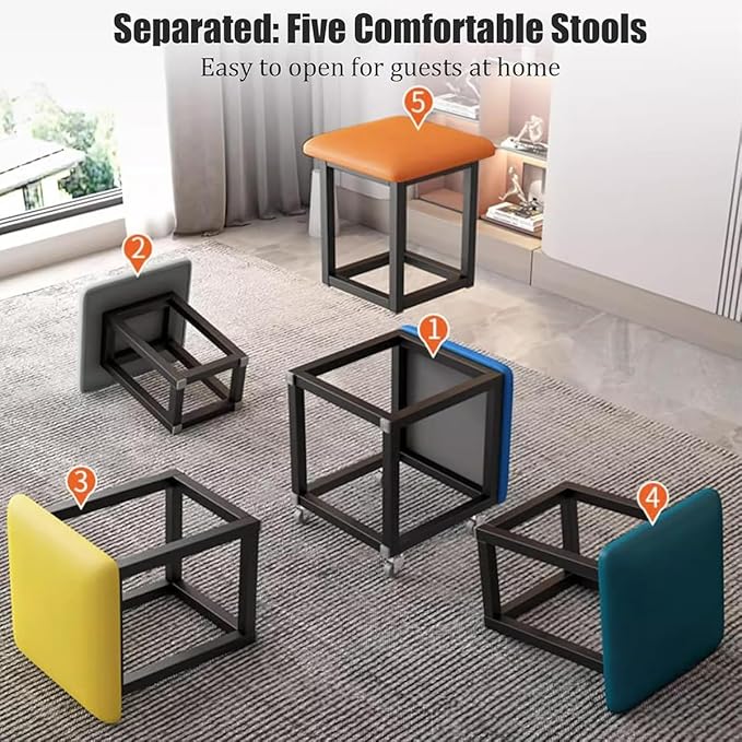 Square Ottoman Bench 5 in 1 Nesting Ottoman Pouf Cube Chair Small Poufs Foot Stool Coffee Table Stackable Sofa Stool Movable Footstool Dressing Chair for Office, Kitchen, Dining Room