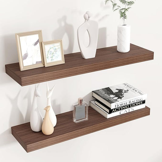 Floating Shelves for Wall, 24"W x 6.7"D x 1.4"H, 2 Pack of Long Wall Mounted Engineered Wood Shelves with Invisible Brackets for Living Room, Bedroom, Bathroom, Kitchen Decor and Storage, Walnut-NeatNest