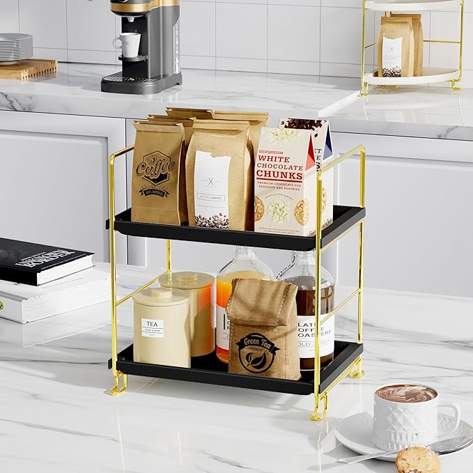 FSyueyun 2-Tier Bathroom Countertop Organizer, Tool-Less Installation Premium Plastics Makeup Shelf Organizer Perfume Skincare for Dresser Vanity Tray Organizers and Storage (Gold & Black)-NeatNest