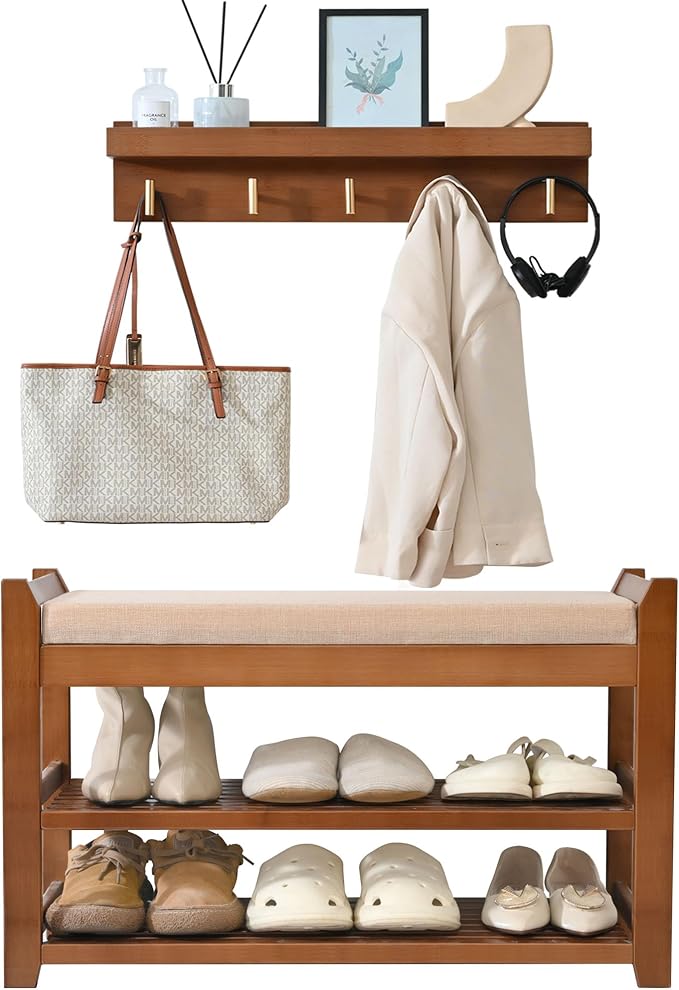 Shoe Rack for Front Door Entrance, 28” Entryway Bench with Coat Rack, Hall Tree Shoe Bench with Storage for Entry, Hallway, Bedroom, Living Room-NeatNest