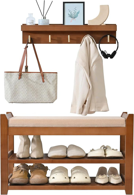 Shoe Rack for Front Door Entrance, 28” Entryway Bench with Coat Rack, Hall Tree Shoe Bench with Storage for Entry, Hallway, Bedroom, Living Room-NeatNest