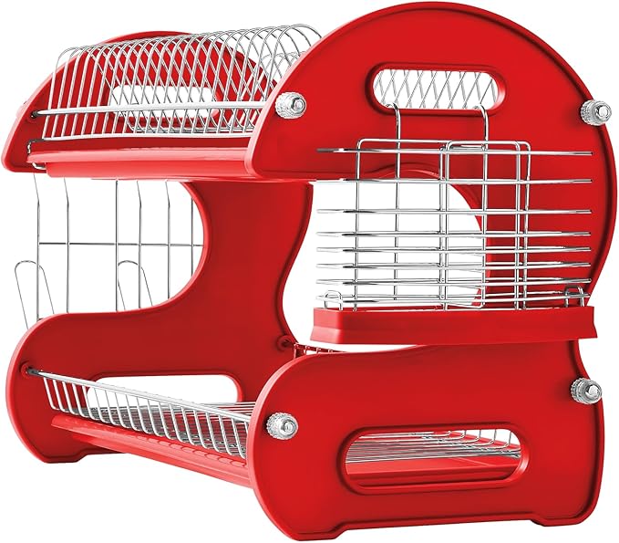 Montgomery Ward Retro 2-Tier Dish Rack, Space-Saving Design, Durable Plastic and Chrome-Plated Wire, Easy Assembly (Delicious Red)