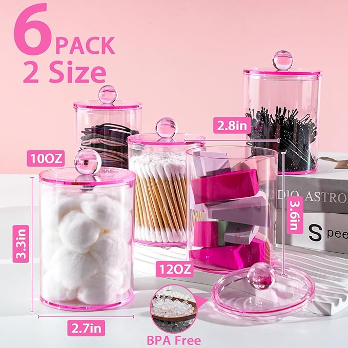 Qtip Holder Dispenser, 6 Pack 10 oz, 12 oz Plastic Apothecary Jar Set for Bathroom Canister Storage Organization,Vanity Makeup Organizer for Cotton Swab, Ball, Pads, Floss.(Pink)