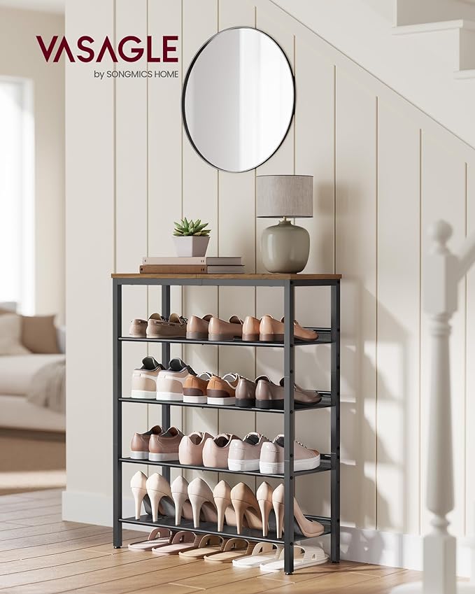 VASAGLE Shoe Rack for Entryway, 5-Tier Shoe Rack Organizer with Storage Shelves and Spacious Top, Freestanding, Adjustable, Industrial, Honey Brown and Ink Black ULBS038K01-NeatNest