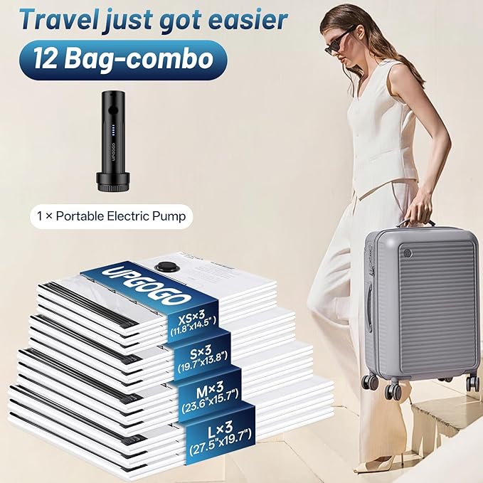 Combo 12 Pack Travel Vacuum Bags for Luggage with Portable Electric Pump,Vacuum Seal Bags for Clothing,Packing Cubes Compression,Cruise Ship and Travel Essentials-NeatNest