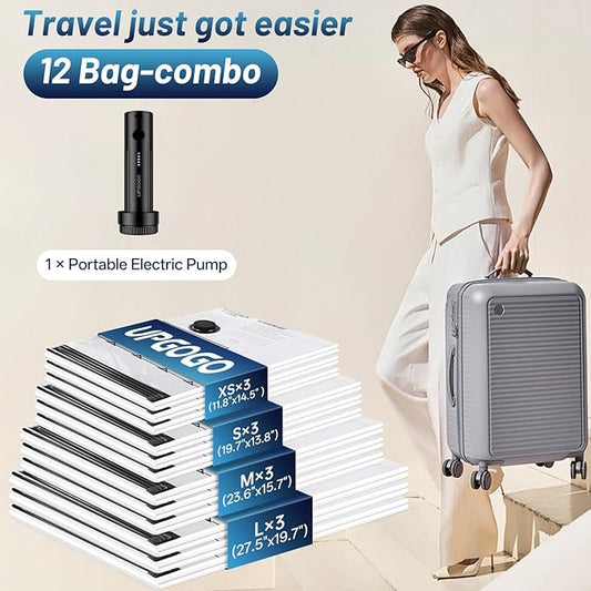 Combo 12 Pack Travel Vacuum Bags for Luggage with Portable Electric Pump,Vacuum Seal Bags for Clothing,Packing Cubes Compression,Cruise Ship and Travel Essentials-NeatNest