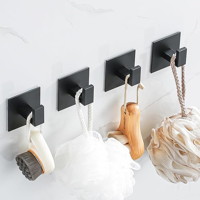 4 Pack Adhesive Black Towel Hooks Bathroom Shower Hook Robe Hanger Stickers Coat Hat Rack Square Metal Wall Hooks for Hanging