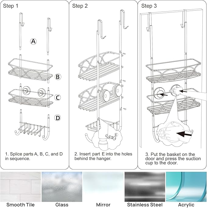 LEVERLOC Over The Door Shower Caddy, Shower Hanging Organizer Sturdy Rust Proof Bathroom Shelves with Strong Suction Cup and Reliable Hooks, Bath Basket Storage Rack, Metal Black-NeatNest