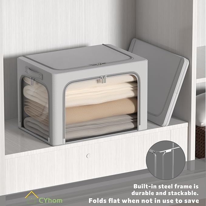 3Pack Clothes Storage Bins - Oxford Frame Storage Box Foldable Stackable Storage Organizer with 3 Openings Design, Metal Frame, Clear Window, Carry Handles (36L-15.7 * 11.8 * 11.8in, Grey)-NeatNest