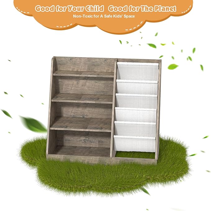4 Tier Kid Bookshelf Wooden 5 Sling Children Bookcase Toddler Montessori Bookcase Book Rack Display Toy Storage Organizer Book Display Shelf Stand Classroom Bedroom Nursery Playroom (Grey Wood)