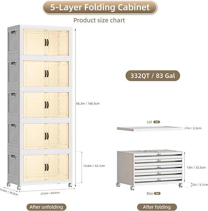 332 QT / 83 Gal White Storage Bins with 1 Lid - Collapsible Stackable Cabinet Organizer w/Wheels & Magnetic Doors, Plastic Storage Box for Office Closet Organization-NeatNest