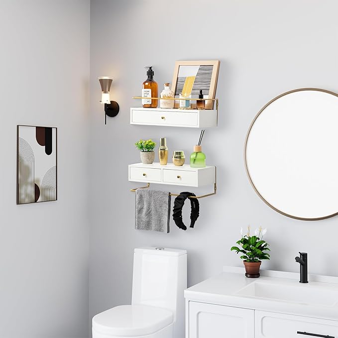 Floating Shelves With Drawers Set of 2, Wall Mounted Bathroom Storage, Rustic Wood Shelves for Bedroom, Living Room, Kitchen, Home Decor, Plants, Books (White)-NeatNest