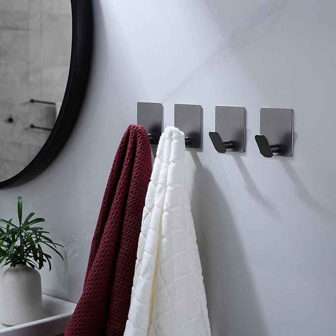 DELITON Towel Hooks for Bathrooms - 4 Pack Adhesive Wall Hooks Heavy Duty No Damage, Coat Robe Sticky Hooks for Hanging Waterproof SUS304 Stainless Steel, Grey-NeatNest