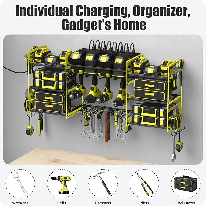 CCCEI Green Power Tool Organizer Wall Mount, Large Tools and Battery Storage Rack Charging Station Individual Switches. Drills Holder, Garage Utility Shelves with 6FT Power Strip. Gift for Men.-NeatNest