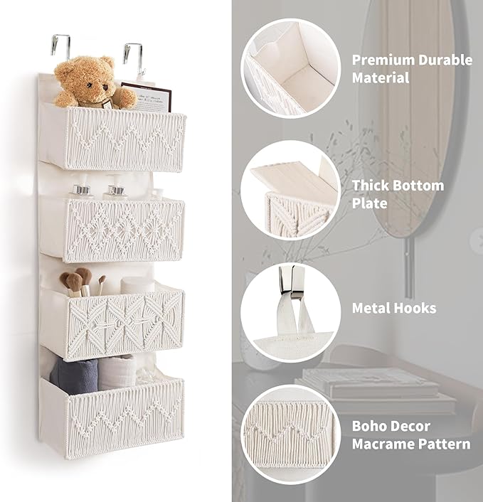 ANTIS'S HOME Nursery Over The Door Organizer Boho Decor Nursery Storage with 4 Large Woven Pockets, Macrame Nursery Organizers and Toys Storage, Behind Door for Bathroom, Bedroom-NeatNest