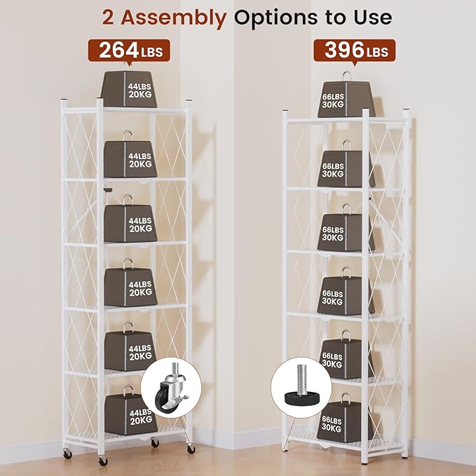 ALANNG 73.6 Inch Folding Bookshelf, 6 Tier Metal Bookcase and Bookshelves, Tall Shelves for Living Room Office Bedroom, Heavy Duty Book Shelve Free Standing Open (White, 4PACK)