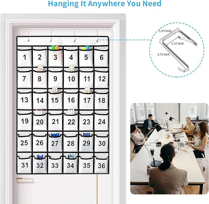 36 Pockets Numbered Classroom Pocket Chart for Cell Phones, Hanging Pocket Chart Storage for Classroom Phone Calculator Holder with 4 Stainless Steel Hooks (White-36pockets)-NeatNest