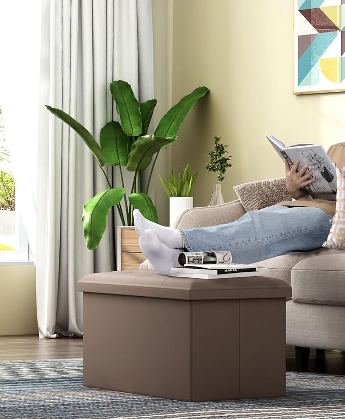 Folding Storage Ottoman Bench, Multi-Functional Ottoman Footrest, End of Bed Bench, Storage Chest for Living Room, Bedroom, Hallway, Entryway, Holds Up to 700 lbs (Brown, 30 Inches)