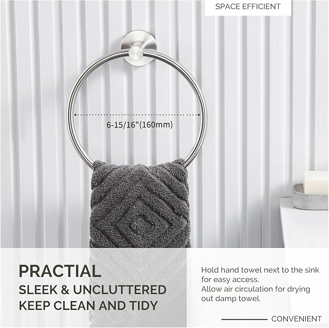 Towel Ring Brushed Nickel, Angle Simple SUS304 Stainless Steel Bathroom Sink Towel Holder Wall Mounted, Round Hand Towel Rack