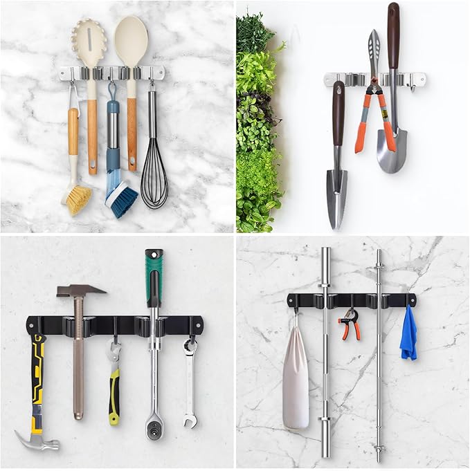 voze 2 Racks and 3 Hooks Mop and Broom Holder Wall Mount, Self Adhesive Heavy Duty Broom Organizer Storage Tool Racks for Kitchen Garden Laundry Garage-NeatNest