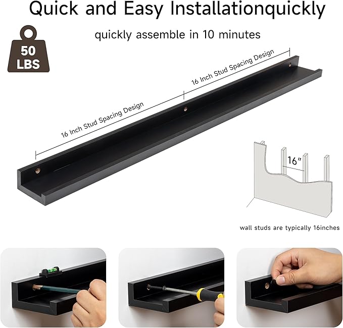 Fun Memories Picture Ledge Shelf, 36 Inch Floating Shelves Set of 2, Nursery Book Shelves for Toys Storage, Kids Bookshelf Wall Mounted for Wall Decor Books Photo Frames, Black-NeatNest