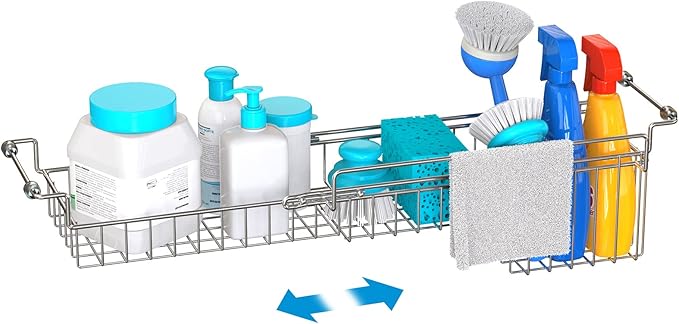 Over The Kitchen Sink Caddy Sponge Holder Organizer Drying Rack Expandable for Sponge Brush Soap Dish Cloth Rag Smaller 14.5" to 22", Stainless Steel-NeatNest