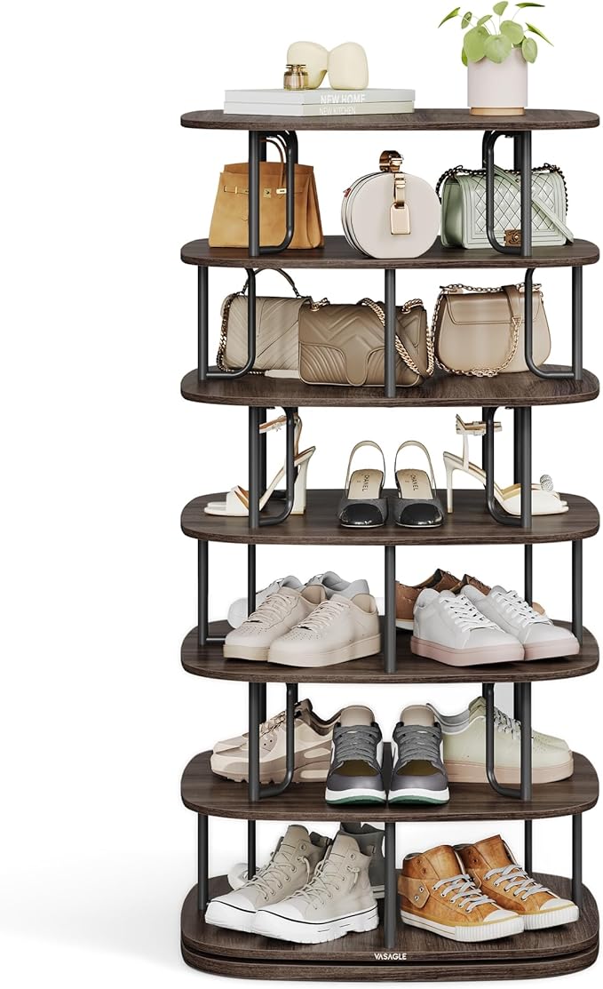 VASAGLE 7-Tier Shoe Rack, Rotating Shoe Rack Tower, Shoe Closet Organizer, Shoe Shelf, 28-35 Pairs, 23.6 x 23.6 x 47.2 Inches, for Entryway, Living Room, Closet, Ink Black and Ash Brown ULBS041B01-NeatNest