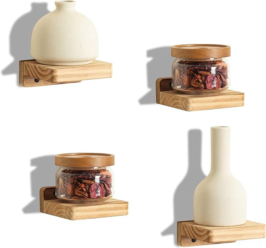 Freezing point Small Floating Shelf for Wall Set of 4 Natural Wood 4Inch Mini Wall Shelves Decor Plant Display Collectibles Mounted Kitchen Bathroom Bedroom Corner Decorative Storage Tiny Stand-NeatNest
