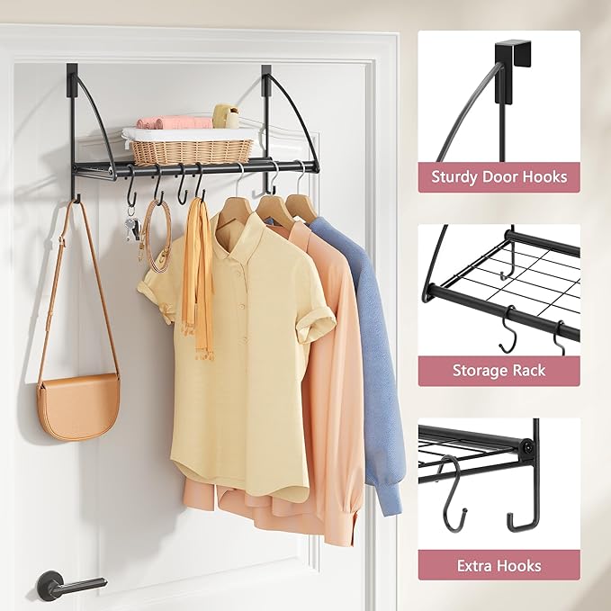 Tajsoon Over The Door Hanger with Storage Rack and 6 Hooks, Over The Door Clothes Racks for Hanging Towel & Coat, Door Rack Hanger for Bathroom, Bedroom, Living Room, Black