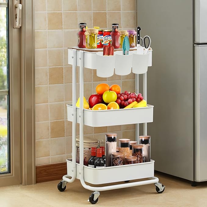 Melody House 3-Tier Metal Utility Rolling Cart Storage Side End Table with Cover Board for Office Home Kitchen Organization, Cream White