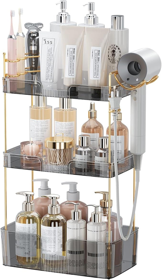 3 Tier Bathroom Organizer Countertop Makeup Perfume Tray Skincare Organizer Comes with Hair Dryer Rack and Toothbrush Holder for Bathroom Dresser Vanity (Grey)-NeatNest