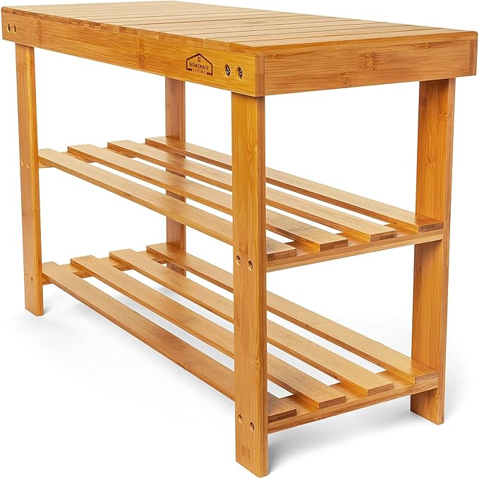 Homemaid Living Bamboo 3 Tier Shoe Rack Small Bench, Outdoor Shoe Rack Weatherproof - Shoe Rack with Bench, Bathroom Bench, Shoe Organizer for Entryway, Hallway, Living Room (Natural Bamboo)-NeatNest