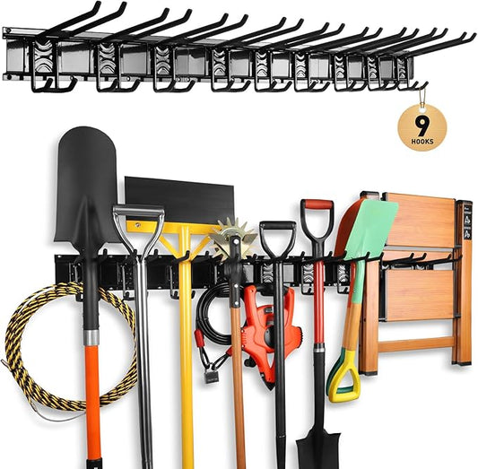 ELEAD 48 Inches Garage Storage, Garage Organization, Garden Tool Organizer Wall Mount, 9 Adjustable Heavy Duty Metal Hooks, Holds Up to 730 lbs, Yard Tool Organizer for Garden, Yard, and Shed
