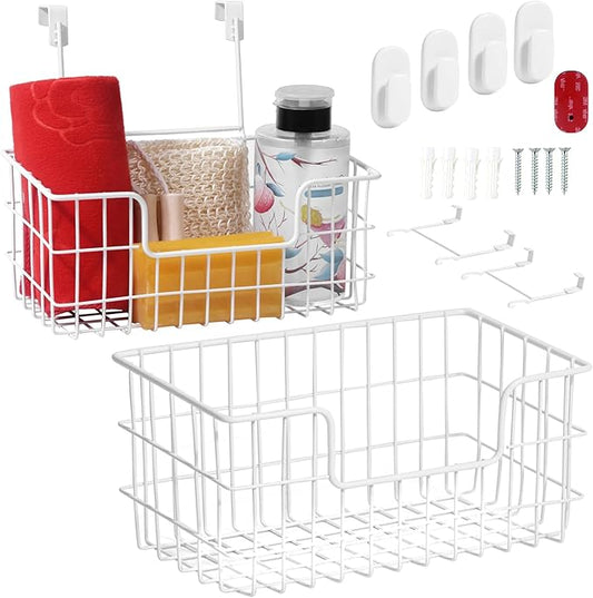 Wire Storage Basket 2 Packs, Wall Mounted Kitchen Bathroom, Hanging Cabinet Door Storage Basket, no Drilling, Supporting 2 Types of Hooks, Strong Bearing, Suitable for Home, White